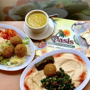 L  R: Falafel plate with hummus &amp; tabbouli, falafel, baba ghanoush and grape leaf; also crushed lentil soup