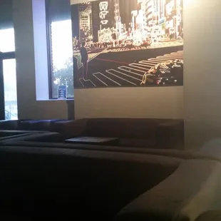 a bed in a dimly lit room