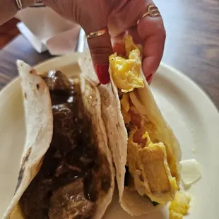 Egg and potato and a Carne quisada taco.