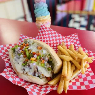 a hot dog and french fries