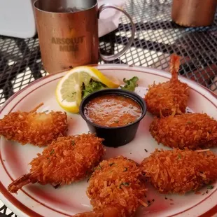 Coconut shrimp with apricot dip, very good!! Pairs well with a berry mule.