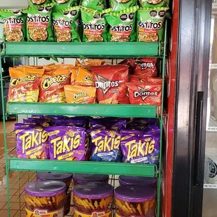 a shelf of chips and chips