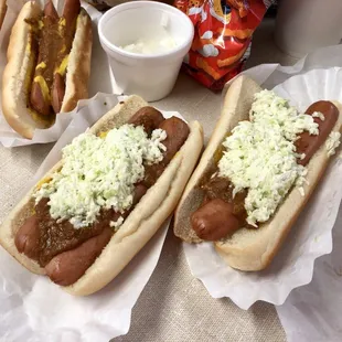 Hotdog mustard chili slaw onions