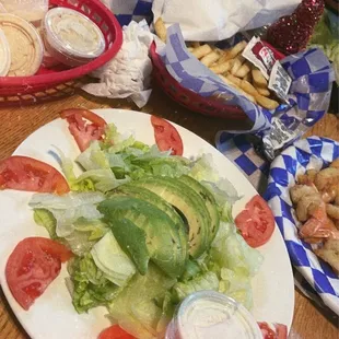 Avocado Salad, 1 lb shrimp, fries, onion rings