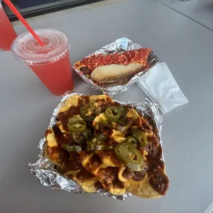 Sandia aguas frescas, hot Cheeto &amp; cheese hot dog &amp; chili cheese nachos w/ jalapeños