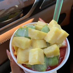 Fruit bowl strawberry snocone w/condensed milk