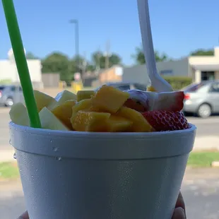 Snowcone topped with fresh fruit and condensed milk