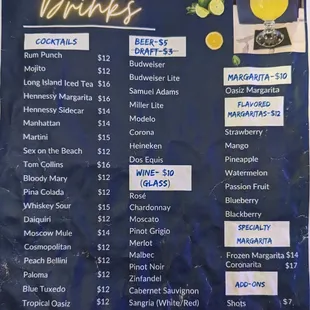 Alochol/Drinks menu