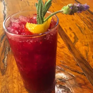La&apos;Blue!  Spring cocktail on tap.  Vanilla bean blueberry lavender syrup, aviation gin and lemon juice.