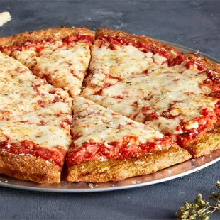 a pizza with cheese and tomato sauce