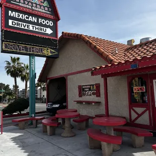 Outdoor seating &amp; a drive-thru