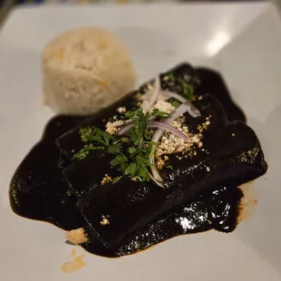 Chicken enchiladas w/mole negro and rice
