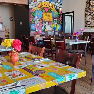 tables and chairs in a mexican restaurant