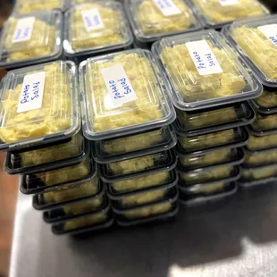 a stack of packaged cookies on a table