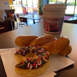 Fluffy twist and chocolate sprinkle glazed w/mocha latte