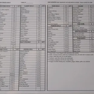 Sushi order sheet