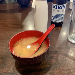 Miso soup. Kirin light &amp; hot sake.