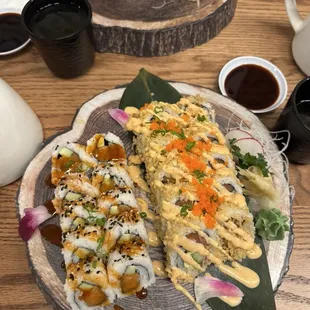 Spicy salmon roll and salmon crunch roll