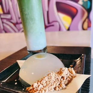 Iced matcha latte and mizu shingen mochi