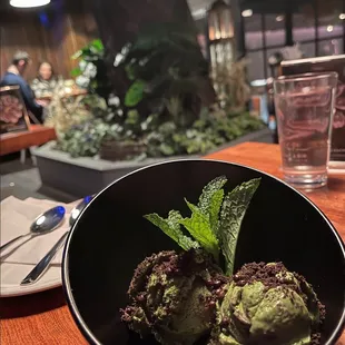 Matcha Lava ice cream (tasted like ice cream cake!) and a small view of the back patio area.