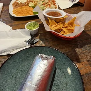Fish Taco, chile relleno burrito, chips, salsa, guacamole