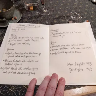 Hand written menu