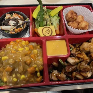 Squid salad, veggies, shumai, curry katsu beef, teriyaki chicken