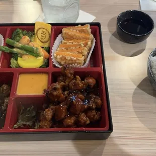 Teriyaki beef, sweet and spicy chicken, harumaki, veggies, sweet potato tempura with white rice