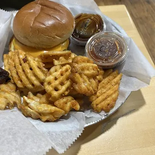 Brisket Cheese Burger and waffle fries.