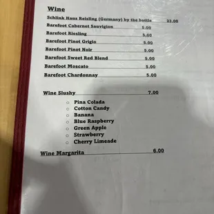 Wine and slushy menu