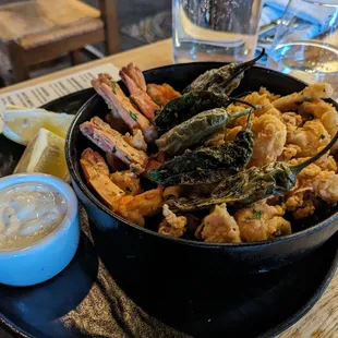 Fritto Misto (fried calamari, shrimp, and shishito peppers)