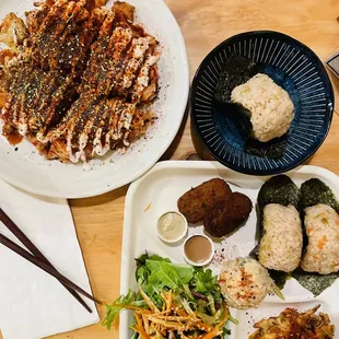a variety of food items on a table