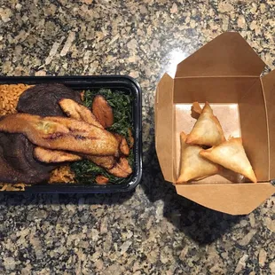 a meal in a takeout box and a snack in a takeout box