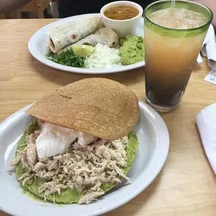 Order of Barbacoa, Tostadas a la Siberia (large portion) Yummy glass of agua de Melon.