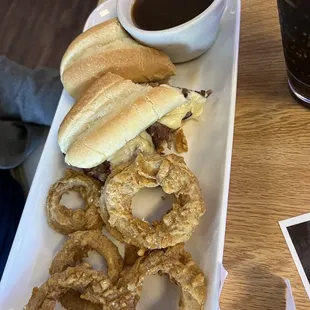 Prime rib sandwich with onion rings