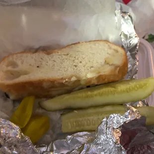 Grilled cheese ..yum pickle spears &amp;little peppers