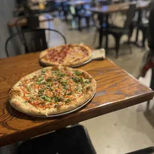 Thai pizza and a half-cheese half-pepperoni