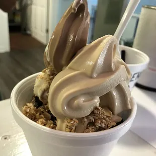Frozen yogurt vanilla and chocolate swirl with different toppings, granola, brownies bites etc. really good!!!!