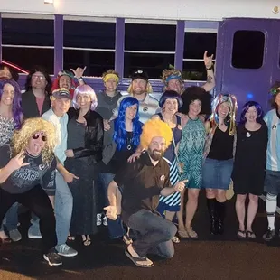 Dave and his crew gather outside the party bus before celebrating his birthday on the Outer Banks.