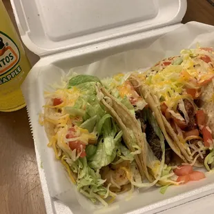 Shrimp, marinated beef, chorizo &amp; tongue tacos (you can ask for lettuce, tomatoes &amp; cheese on it)