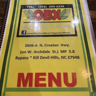 Front cover of menu