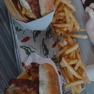 two hot dogs and french fries