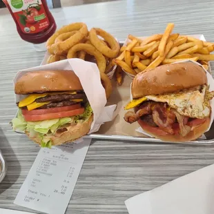 OC burger, Big Mike, Large fry and onion rings.
