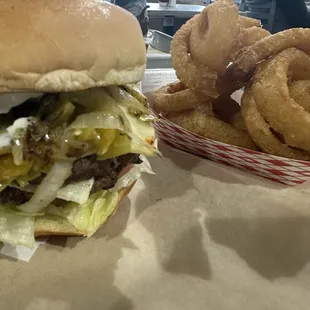 Green Chili Burger and onion rings