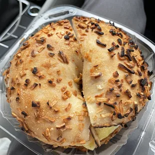 Onion bagel with egg and cheese