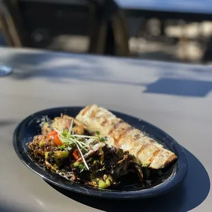 Sea bass with Brussels sprouts and asparagus