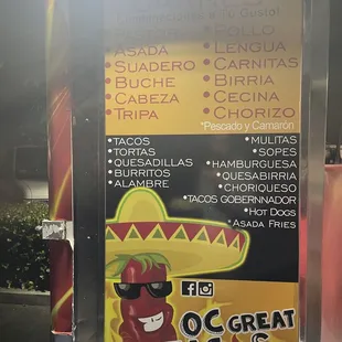 Menu, tacos are $3 each