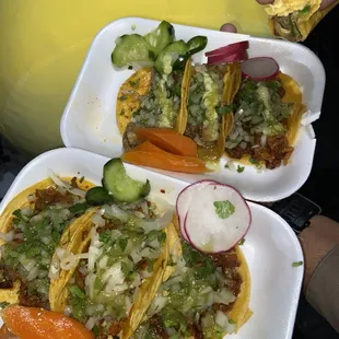 Top: 2 tripas, 2 Al pastor  Bottom: 3 Al pastor tacos con queso