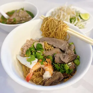 Mì Nam Vang Khô: Cambodian-Chinese Pork Seafood Noodle Soup w/ egg noodles, soup on the side | $12.99