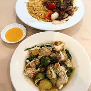 Bo Luc Lac w/ Garlic Noodles, Garlic Butter Saute Escargot w/ Salted Egg Sauce
